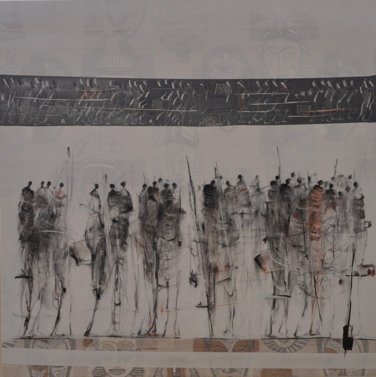 AU FIL D'UNE HISTOIREPeinture acrylique pigment et fusain sur toile, 100 x 99 cm