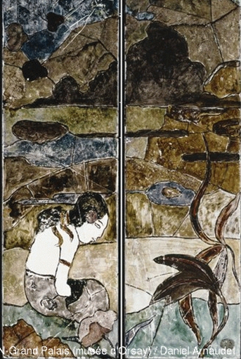 Paul Gauguin , Tahitienne dans un paysage ; 1893 ; Peinture sur verre – photo Musée d’Orsay